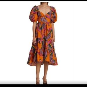 Farm Rio Macau Orange Puff Sleeve Dress